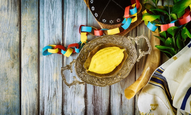 Traditionele symbolen Joods festival van Soekot Etrog, lulav, hadas, arava kippah Tallit