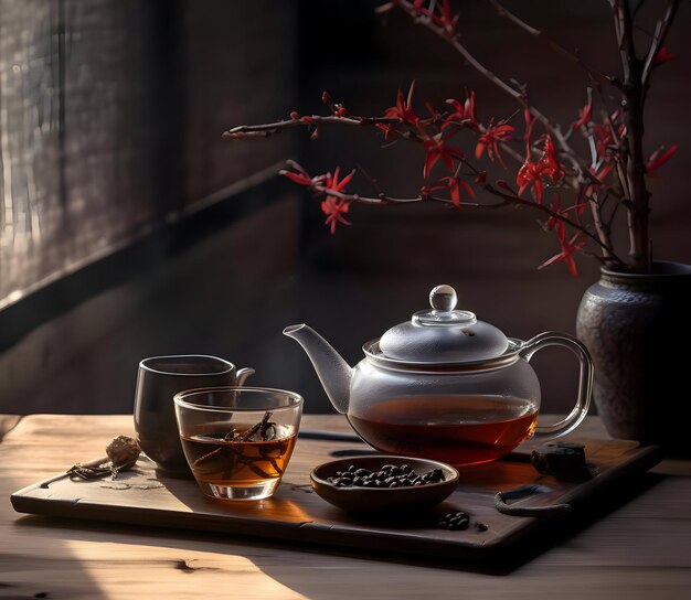 Traditionele thee op een houten tafel Hoge resolutie