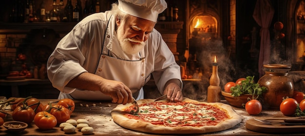 Traditionele thuisgemaakte Italiaanse pizza door chef-kok Pizza deeg