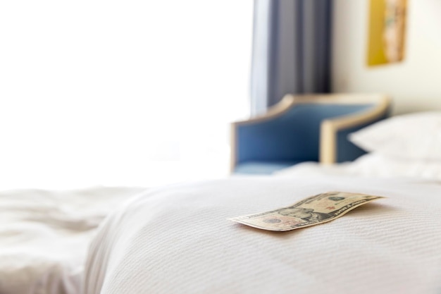 Traditionele tips liggen op de hoek van het bed in de hotelkamer. dollar- of eurogeldtips om de kamerreiniger te bedanken voor de goede service. dankbare vakantiegangers in het resort in egypte. hoge kwaliteit foto