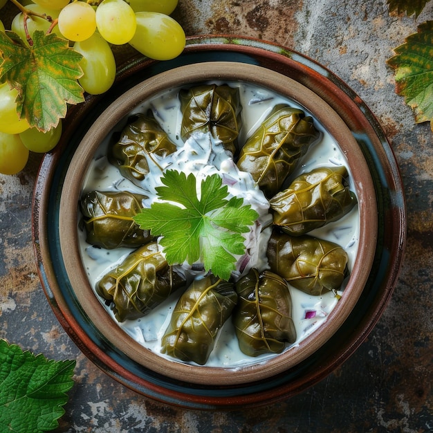 Foto traditionele turkse dolma sarma of dolmades met tzatziki saus middellandse zee gerecht dolmadakia