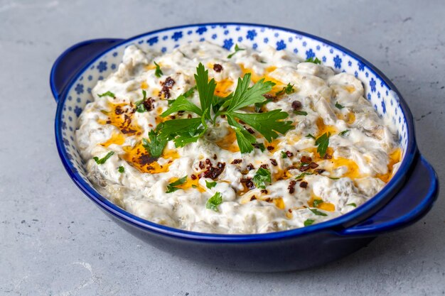 Traditionele Turkse keuken Appetizer salade gemaakt met aubergine en yoghurt plaatselijke naam Mutebbel