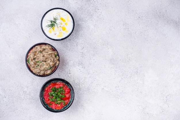 Traditionele Turkse of Arabische meze-sauzen. Aubergine dip baba ganoush, tzatziki en tomaat ezme