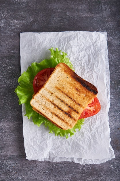 Traditionele vegetarische sandwich met tomaten en kaas op een grijze stenen tafel Verticale close-up