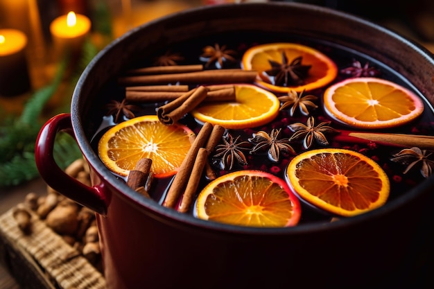 traditionele warme wijn in een soaking pot met sinaasappelsnijden en specerijen close-up