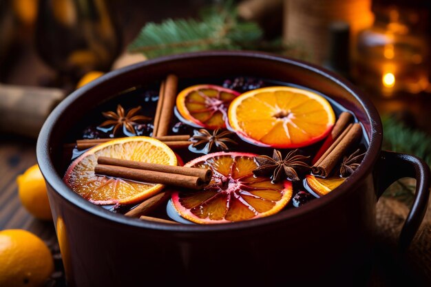 Foto traditionele warme wijn in een soaking pot met sinaasappelsnijden en specerijen close-up