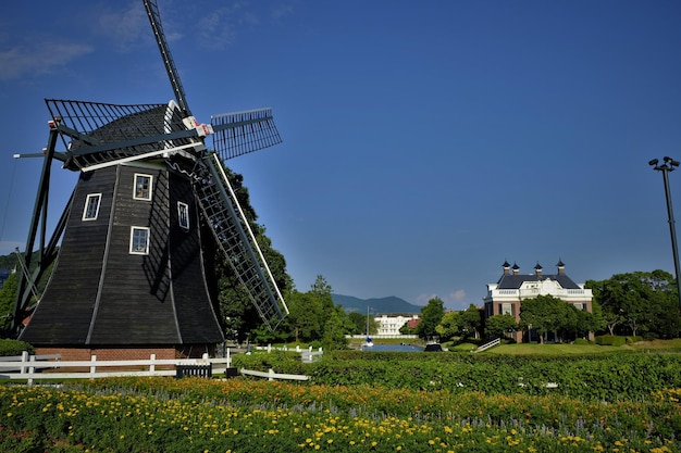 Traditionele windmolen op het veld tegen de lucht