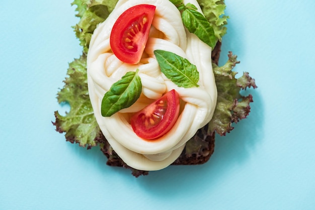 Traditionele witte zachte vezelige Cecil-kaas versierd met rijpe tomaten en basilicum als snack op blauwe achtergrond, bovenaanzicht