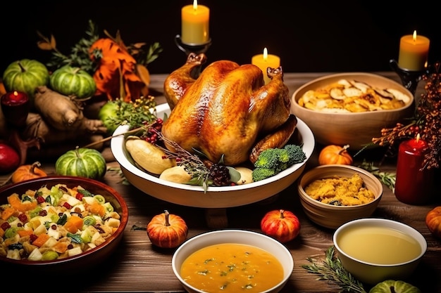 Traditionele zelfgemaakte geroosterde Thanksgiving Day kalkoen diner Topview tafelscène op een donkere houten banner achtergrond Turkije aardappelpuree dressing pompoentaart en zijkanten