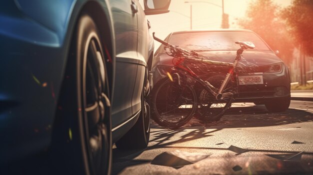 사진 도로에서 교통사고 자전거가 차에 부힌 후 자전거 운전자의 신경망이 생성됩니다.