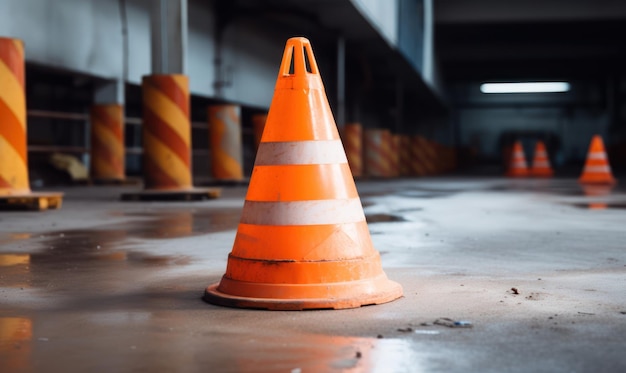 A traffic cone sits on a wet floor.