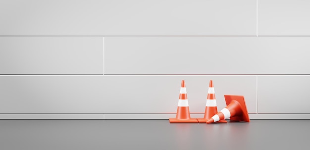 Traffic cones along wall front view Realistic orange warning sings on street or in room with white tile wall and grey floor road works equipment construction fences safety barrier 3d render