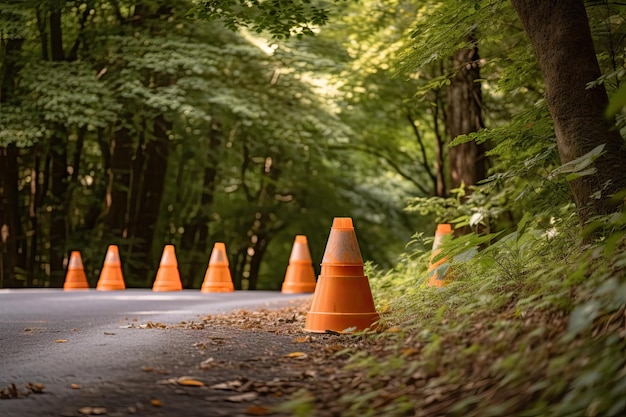 Traffic cones in a beautiful natural setting surrounded by trees and greenery