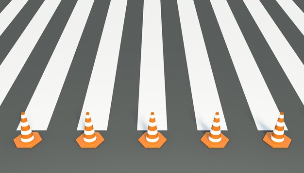 Traffic cones on the floor of the crosswalk.