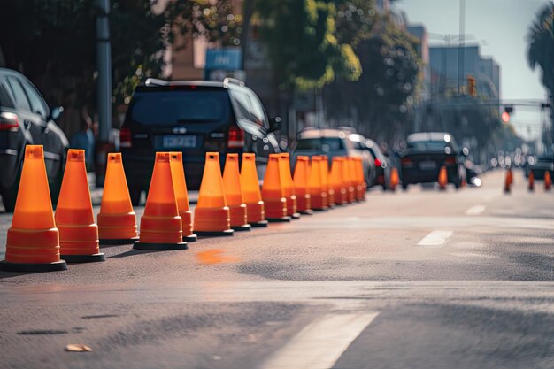 Traffic cones in a row on a busy street with traffic streaming past