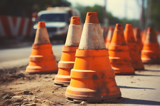 Traffic cones on the street in the evening