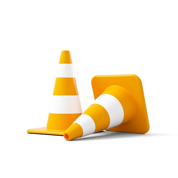 traffic cones with white and orange stripes on white background. 3D rendering