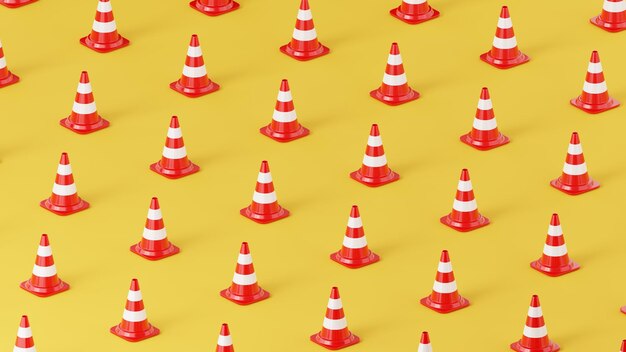 Traffic cones with white stripes over colorful background Isometric camera position