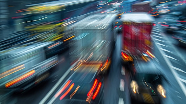 Traffic congestion captured in a blurred image of a highway with trucks and cars whizzing by in a