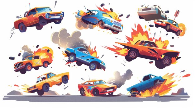 Photo traffic crash on road with broken cars flipped on roof vehicles damaged auto with fire and smoke modern cartoon set isolated on white