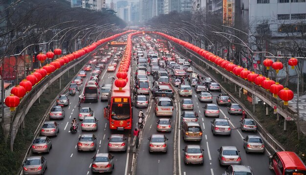 中国の新年の後の通勤の交通量