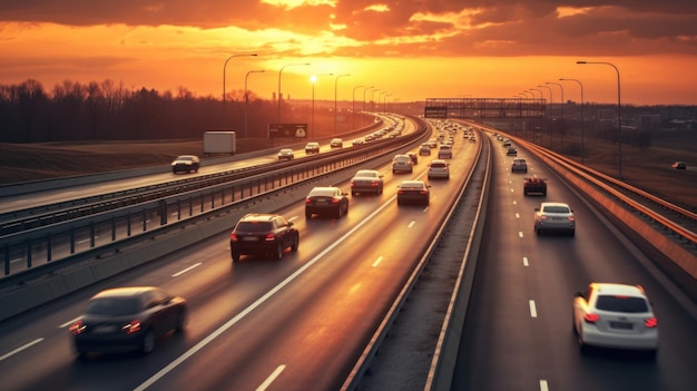 traffic on highway with sunset view