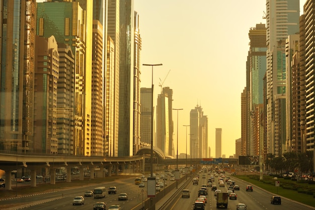 traffic jam in big city at sunset