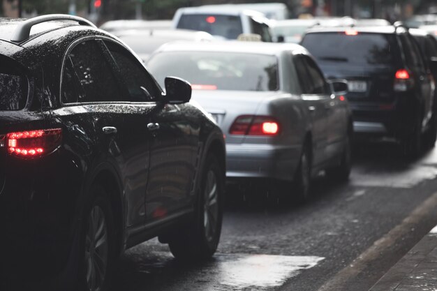 Traffic jam in a city street road.