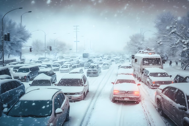 Traffic jam in a snow storm Neural network AI generated