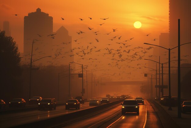 Traffic jam at sunset Traffic on the city streets is paralyzed