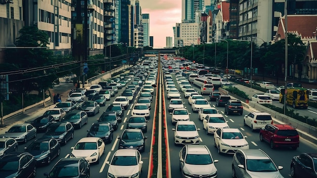 Traffic jams in city with row of cars on road in bangkok