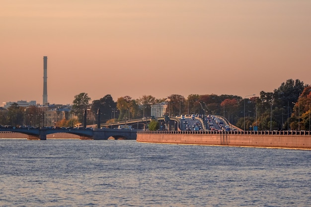 Traffic jams in Saint-Petersburg. Traffic jam on the viaduct of the Vyborg embankment in the evening.