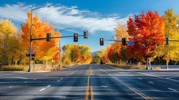 Photo a traffic light intersection with colorful autumn trees in the background blending urban infrastructure with natural scenery