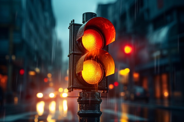 Traffic light signal in the city at night close up