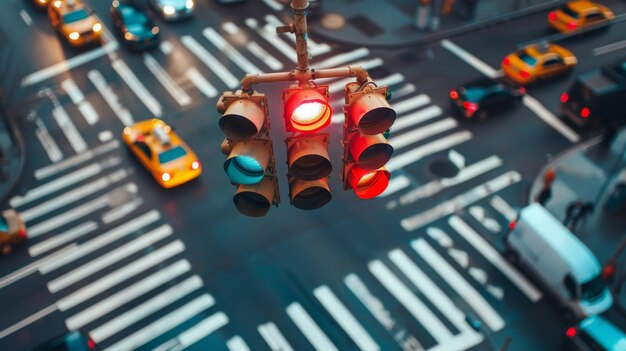 Photo a traffic light suspended above an intersection with multiple lanes of traffic guiding vehicles with clear signals