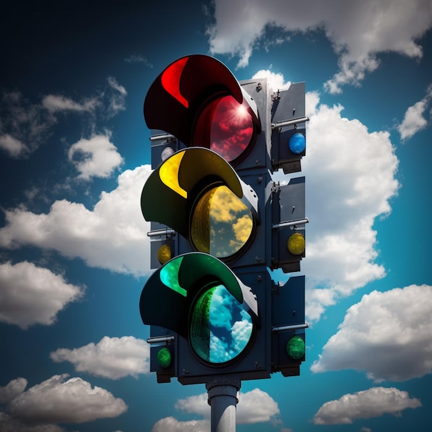 Traffic light with blue sky and clouds. Generative AI