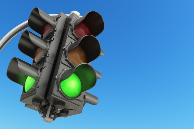 Traffic light with green color on blue sky background. 3d illustration