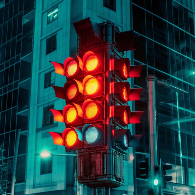 A traffic light with the lights on is lit up.