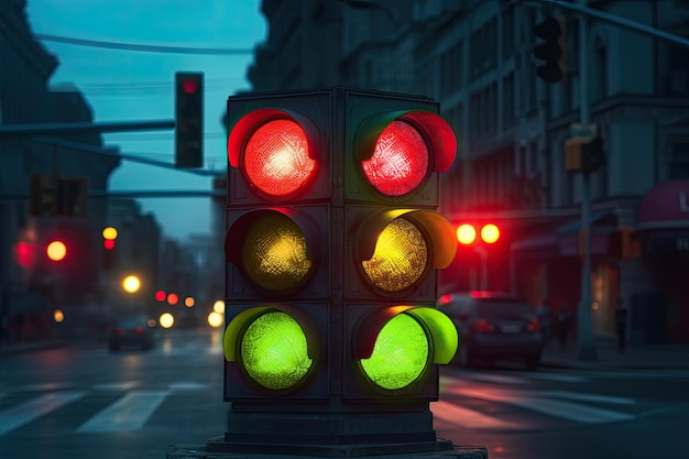 A traffic light with the red and green lights on it