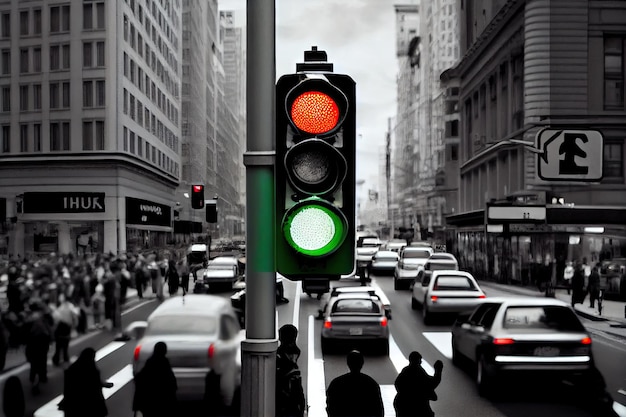 Photo traffic light with view of busy city street and people going about their daily lives