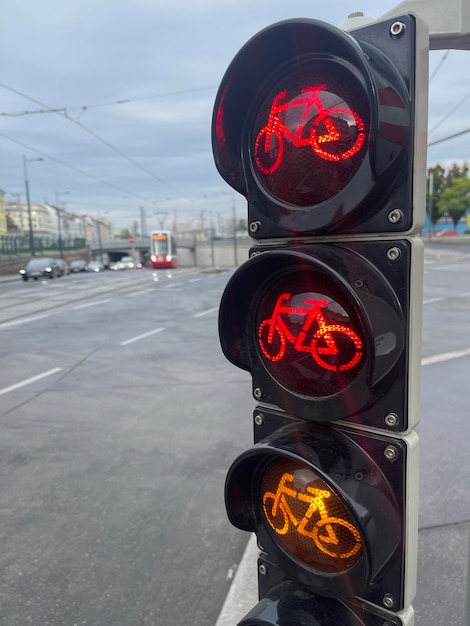 Traffic lights for cyclists glowing red on a crossroad in the city