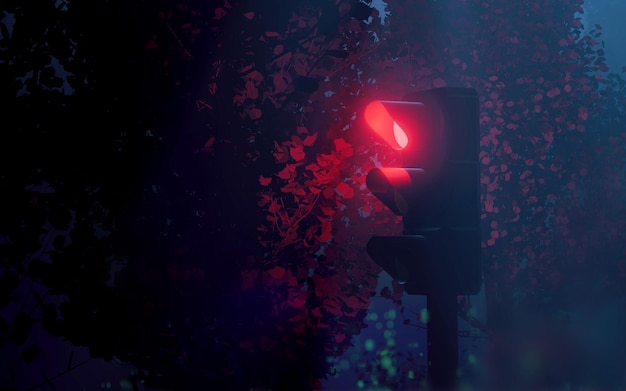 Traffic lights at night in dense fog horror 3d render