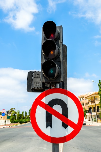 Traffic lights and a sign prohibiting a turn