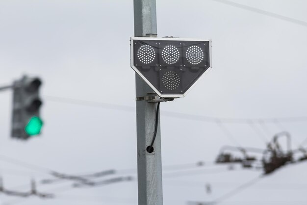 Traffic lights for tram at city street, telephoto shot