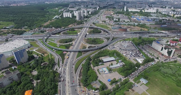 Traffic on moscow interchange aerial view