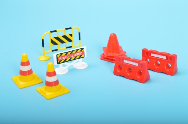 Traffic road repair barriers set with text under construction Safety barricade roadblocks warning alert signs Construction fences traffic cones and repair hurdles safety barricade warning