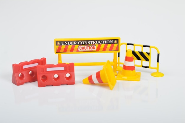 Traffic road repair barriers set with text under construction Safety barricade roadblocks warning