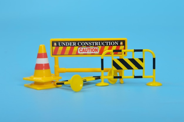 Traffic road repair barriers set with text under construction Safety barricade roadblocks warning