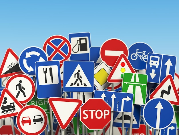 Traffic road signs on the sky background. 3d illustration