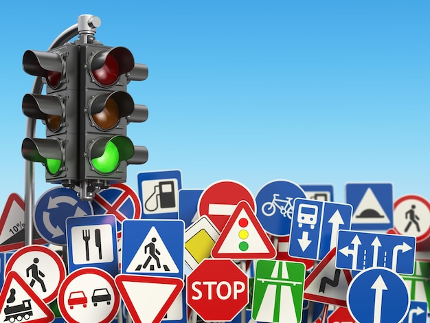 Traffic road signs on the sky background. 3d illustration